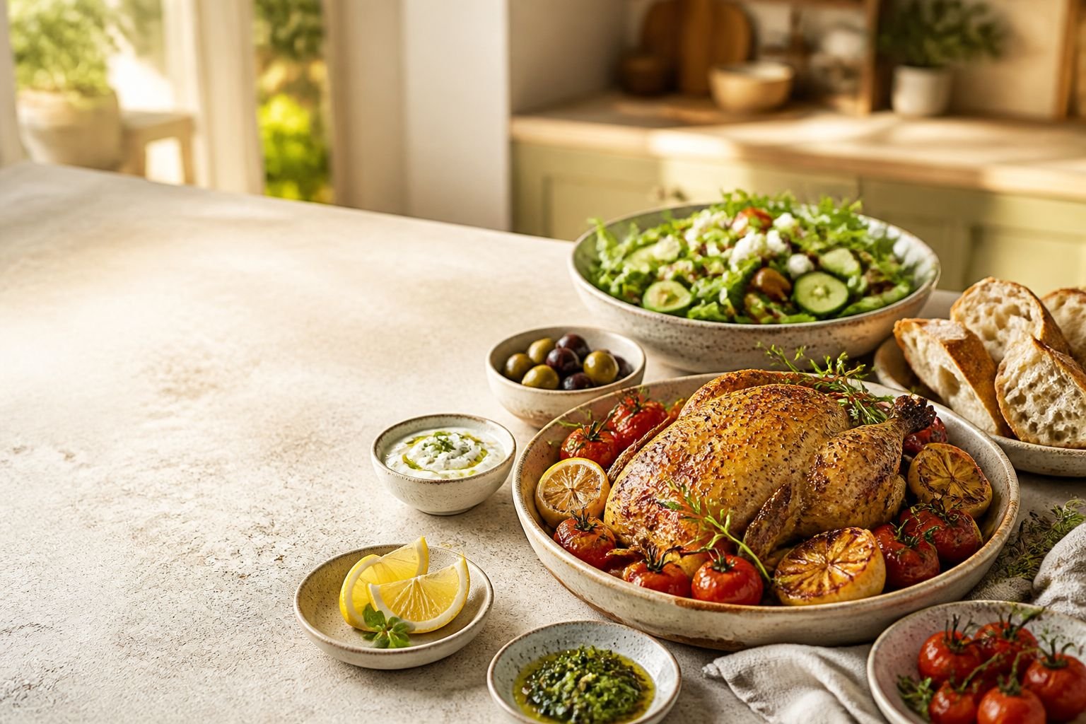 A welcoming table filled with roast chicken, salad, bread and seasonal sides
