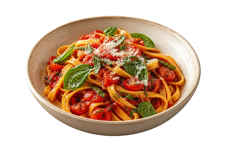 A bowl of pasta with tomatoes and fresh basil
